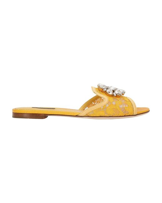 Dolce & Gabbana Yellow Lace Slides With Brooch Detailing