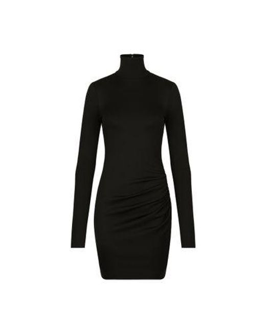 Dolce & Gabbana Black Midi Robe Manteau Dress In Stretch Wool