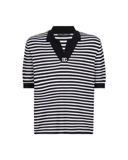Dolce & Gabbana Black Striped Cotton V-neck Polo-shirt for men