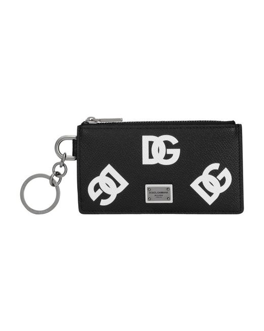 Dolce & Gabbana Black Calfskin Card Holder With All-over Dg Print And Ring for men
