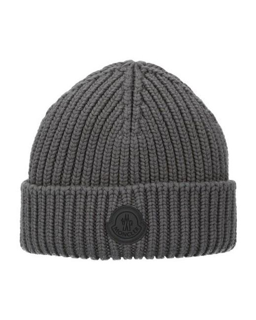 Moncler Gray Rubber-logo Ribbed Wool Beanie Hat for men