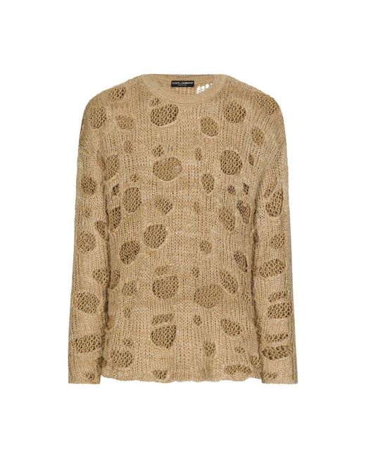 Dolce & Gabbana Natural Linen And Silk Crewneck Sweater With Distressed Details for men