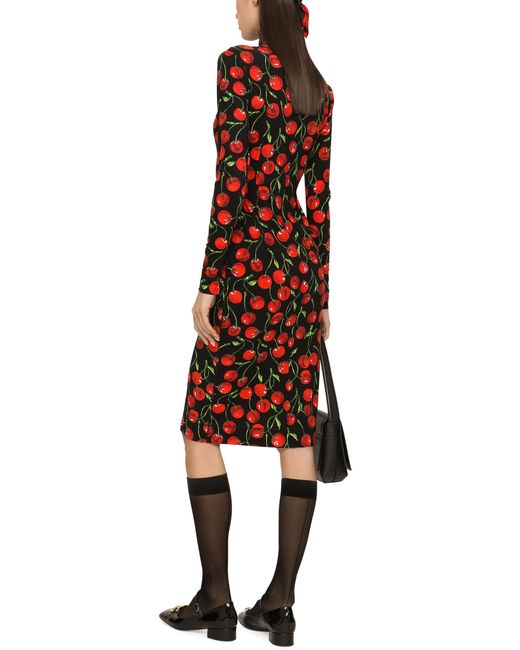 Dolce & Gabbana Red Midi-Kleid aus Jersey mit langen Ärmeln