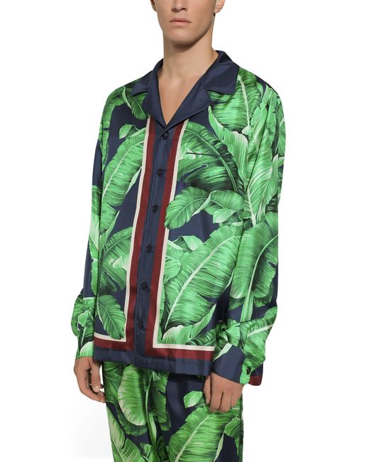 Dolce & Gabbana Green Banana-Tree-Print Silk Shirt for men