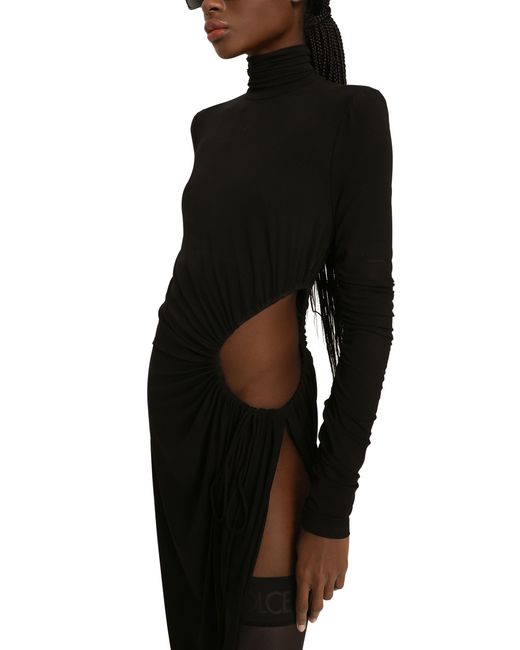 Dolce & Gabbana Black High Collar Jersey Longuette Dress With Cutouts