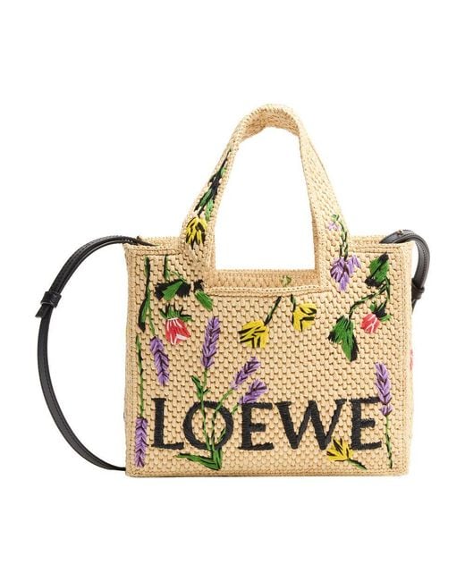 Loewe Metallic Font Flowers Small Raffia Tote Bag