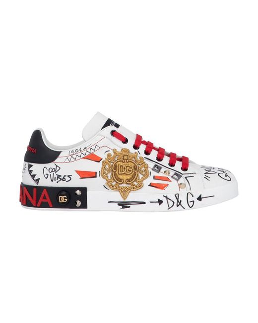 Dolce & Gabbana Red Calfskin Portofino Sneakers With Embroidery And Studs for men