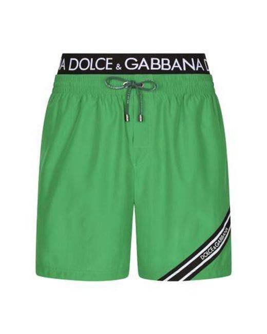 Dolce & Gabbana Green Mid-Length Swim Trunks With Logo Band for men