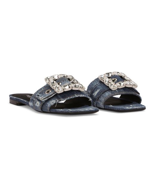 Dolce & Gabbana Black Slides aus Patchwork-Denim mit Strassstein-Schnalle