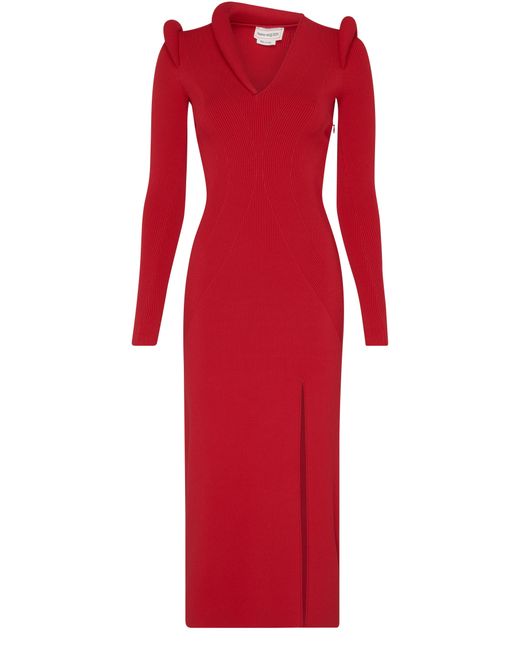Alexander McQueen Red Ribbed Long-sleeve Midi Dress