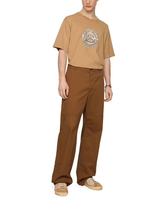 Dolce & Gabbana Brown Worker Cotton Stretch Pants With Logo Plaque for men