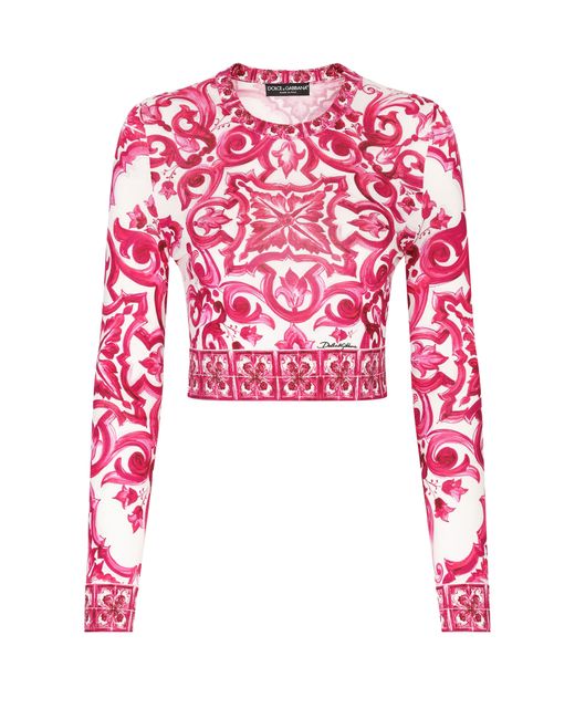 Dolce & Gabbana Pink Crop-Top aus Seide mit Majolika-Print