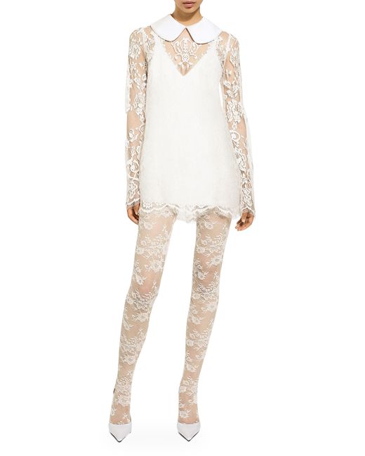 Dolce & Gabbana White Kurzes Kleid aus Spitze mit Satin-Kragen