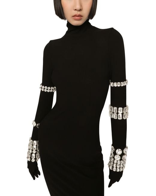 Dolce & Gabbana Black Longuette-Kleid aus Jersey in Milano-Ripp mit Strasssteinen