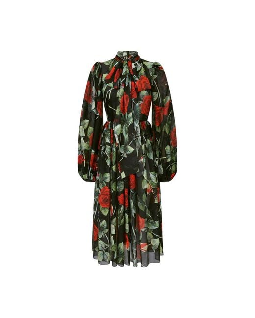 Dolce & Gabbana Green Textured Chiffon Calf-Length Dress