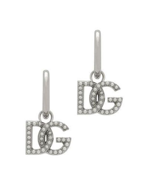 Dolce & Gabbana White Single Logo Earring With Pearl Accents for men