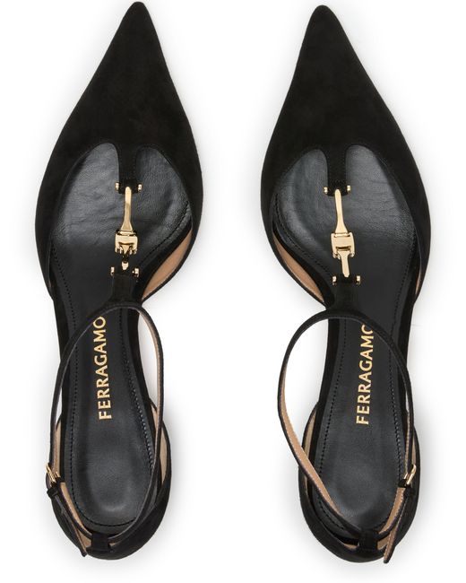 Ferragamo Black F Buckle T-Strap Pumps