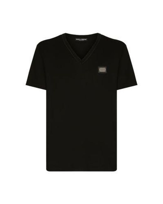 Dolce & Gabbana Black Cotton V-Neck T-Shirt With Branded Tag for men