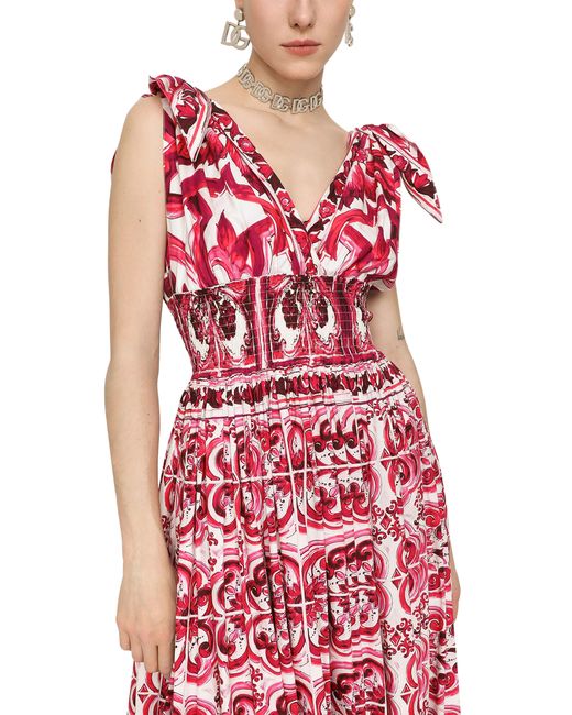 Dolce & Gabbana Red Langes Kleid Aus Popeline Majolika-Print