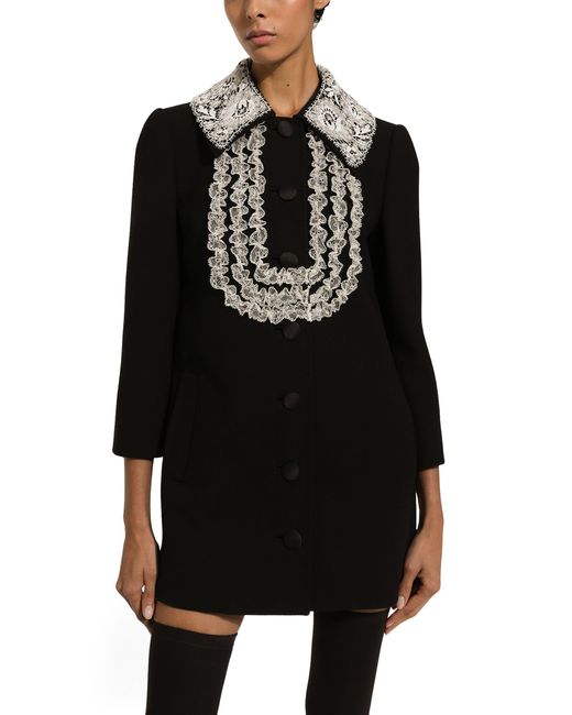 Dolce & Gabbana Black Kurzer Mantel Aus Wolle Mit Spitzendetails