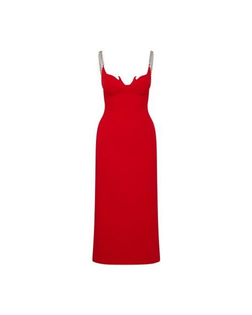David Koma Flame Crystal Chain Straps Flam Cups Midi Dress in Red