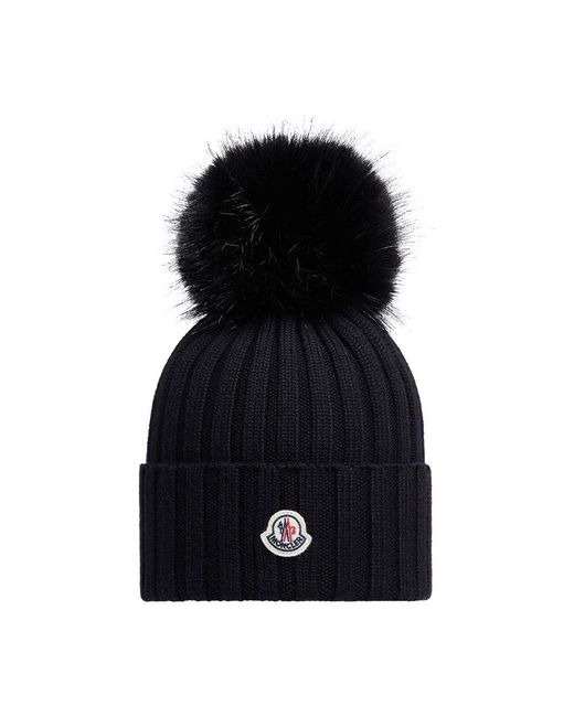 Moncler Black Mütze Mit Logo Und Bommel