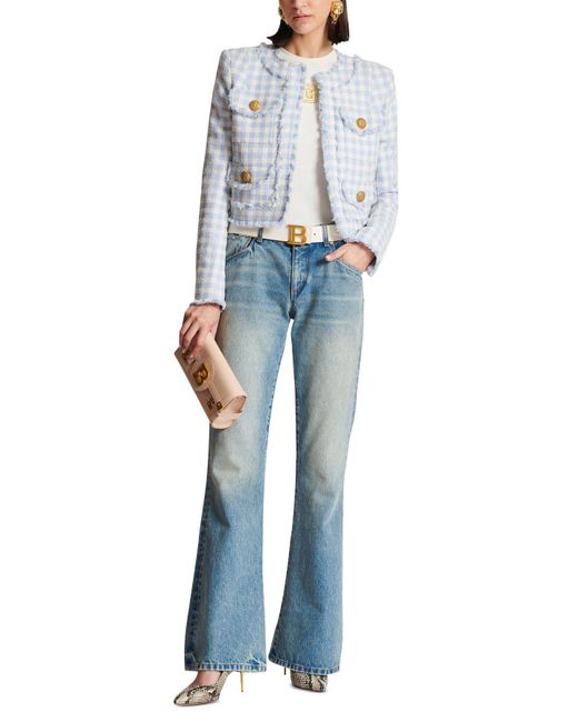 Balmain Gingham Tweed Jacket in Blue Lyst