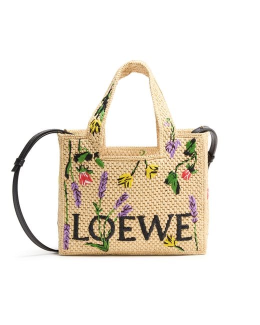Loewe Metallic Font Flowers Small Raffia Tote Bag