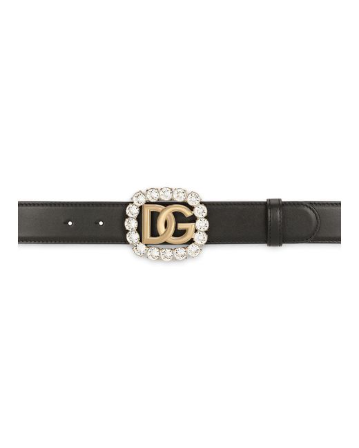 Dolce & Gabbana Black Calfskin Belt With Dg Logo And Rhinestones
