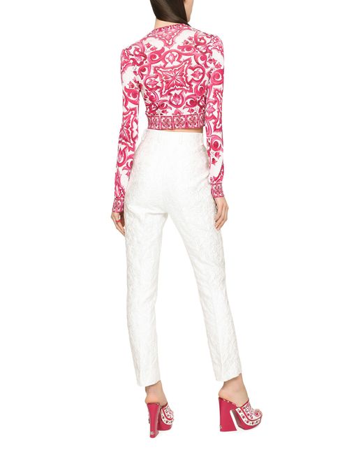 Dolce & Gabbana Pink Crop-Top aus Seide mit Majolika-Print
