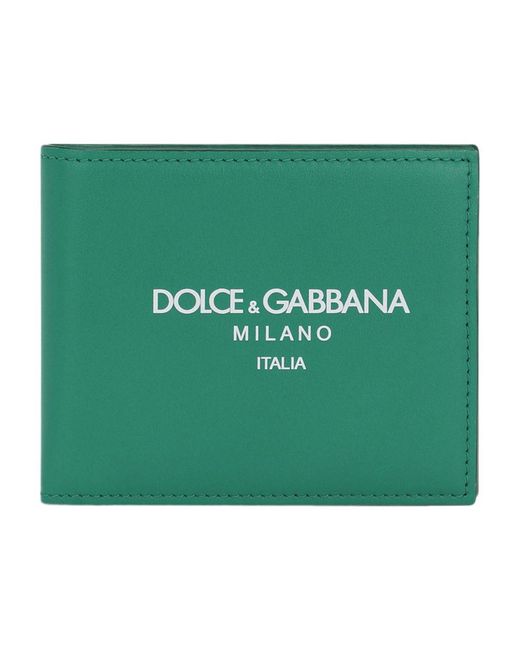 Dolce & Gabbana Green Calfskin Bifold Wallet With Logo for men