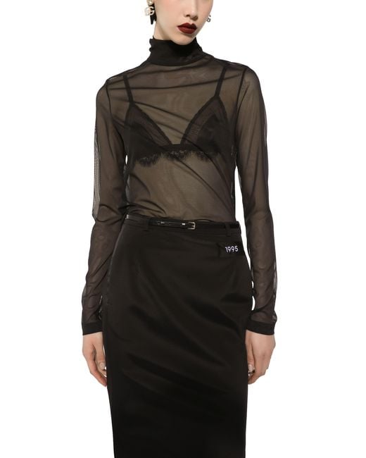 Dolce & Gabbana Black Tulle Turtle-Neck Top With Dg Logo