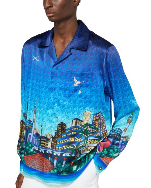 Casablancabrand Blue Cuban Collar Long Sleeve Shirt for men