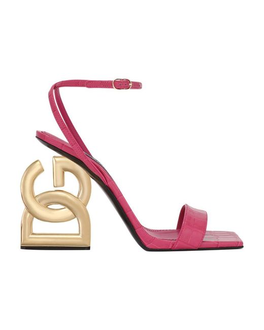 Dolce & Gabbana Pink Crocodile-print Calfskin Sandals With Dg Pop Heel