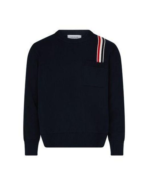 Thom Browne Blue Stripe Intarsia Crew Neck Sweater for men
