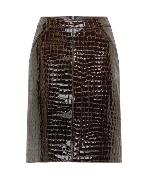 Tom Ford Brown Glossy Croco Embossed Goat Leather Skirt