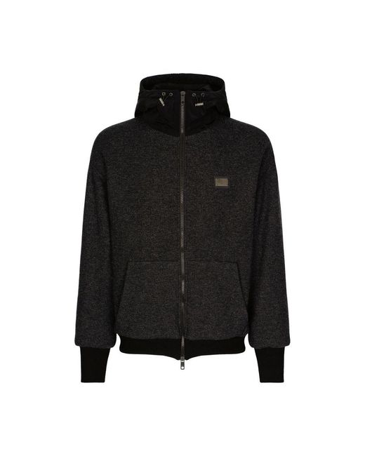 Dolce & Gabbana Black Jersey Wool Jacket With Hood And Logo for men