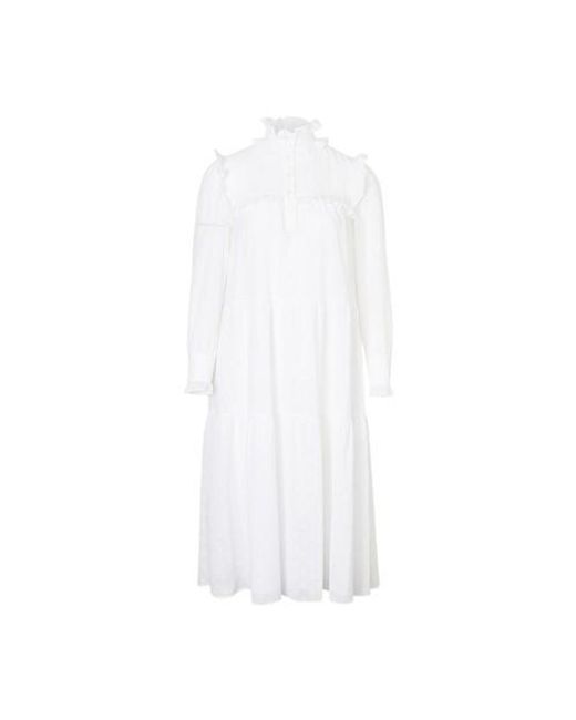 Céline White Triomphe Embroidered Cotton Canvas Frilled Dress
