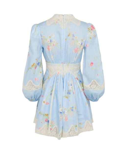 Zimmermann Blue Minikleid Lucky Mit Plunge-Ausschnitt Und Spitze