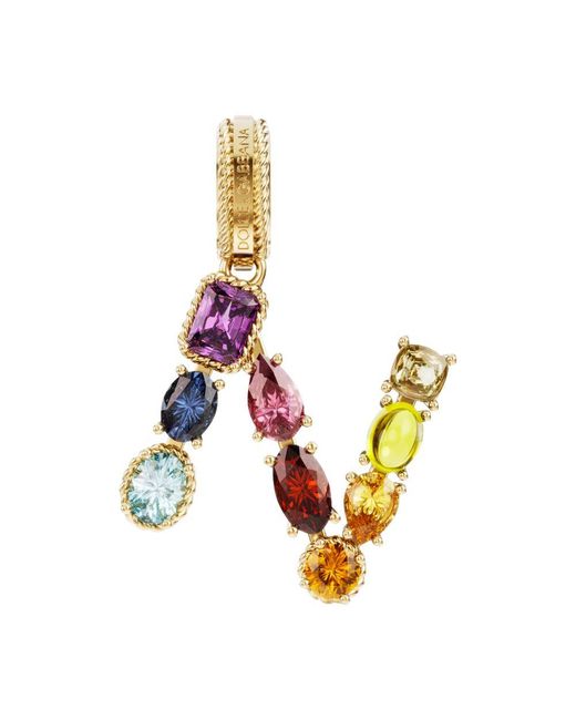 Dolce & Gabbana Metallic Rainbow Alphabet N 18 Kt Yellow Gold Charm With Multicolor Fine Gems