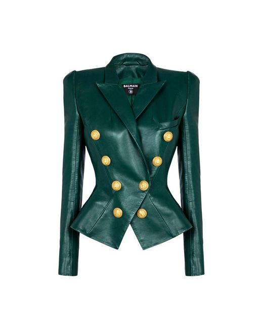 Balmain Green Belted 8-Button Leather Jacket
