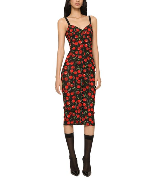 Dolce & Gabbana Red Longuette-Kleid Korsettstil Aus Elastischem Material Kirschenprint