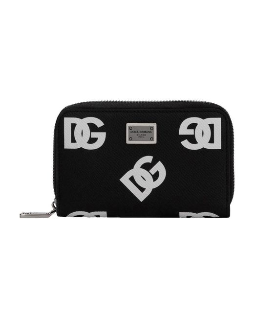 Dolce & Gabbana Black Small Calfskin Zip-around Wallet With All-over Dg Print for men