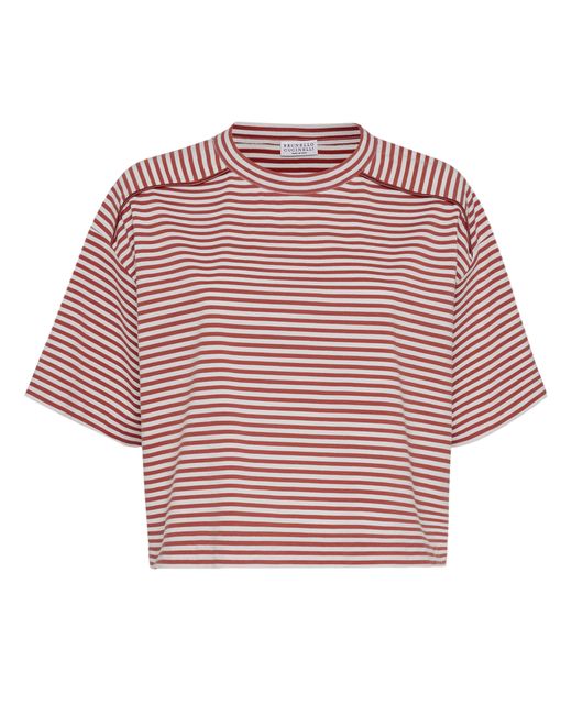 Brunello Cucinelli Red Gestreiftes T-Shirt aus Jersey