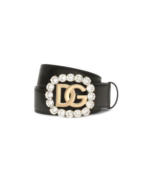 Dolce & Gabbana Black Calfskin Belt With Dg Logo And Rhinestones