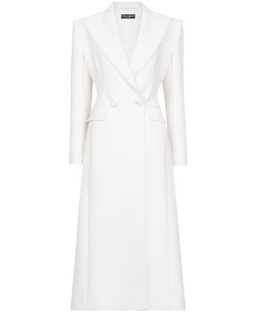 Dolce & Gabbana White Langer zweireihiger Mantel aus Woll-Cady