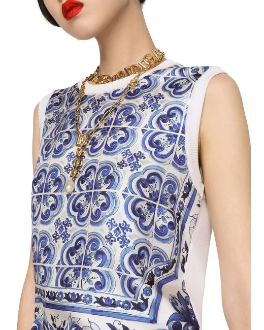 Dolce & Gabbana Blue Sleeveless Silk And Twill Sweater
