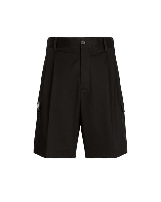 Dolce & Gabbana Black Stretch Gabardine Cargo Bermuda Shorts With Logo Plaque for men