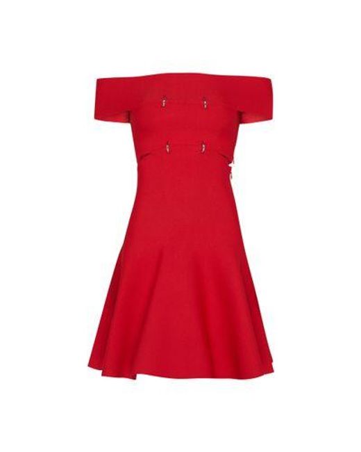 Alexander McQueen Red Sliced Offshoulder Knit Dress