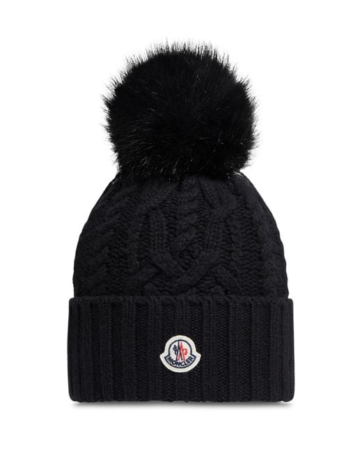 Moncler Black Pom Pom Hat With Logo